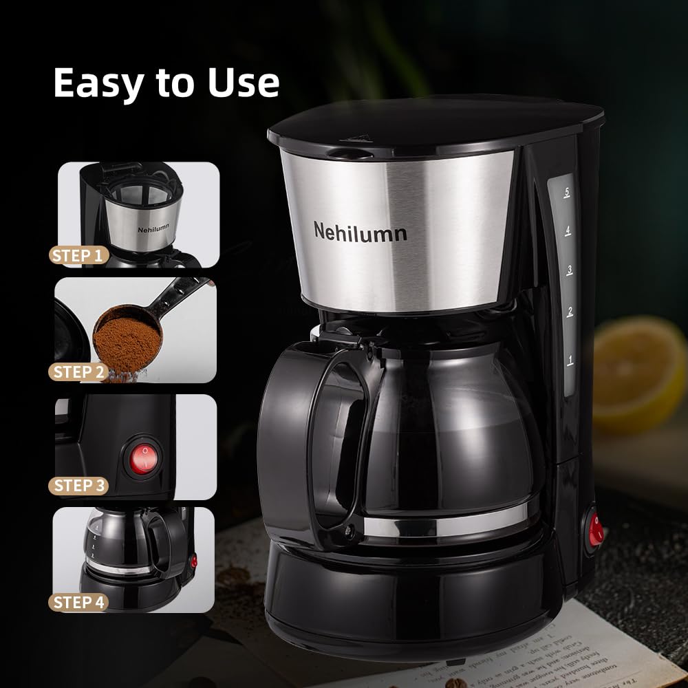 4 Cup Drip Coffee Maker, Coffee Pot Machine Permanent Coffee Filter, Mini,20Oz Electric Coffee Maker,650W Black and Stainless Steel Brand: Nehilumn