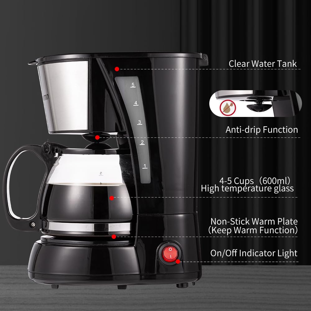 4 Cup Drip Coffee Maker, Coffee Pot Machine Permanent Coffee Filter, Mini,20Oz Electric Coffee Maker,650W Black and Stainless Steel Brand: Nehilumn