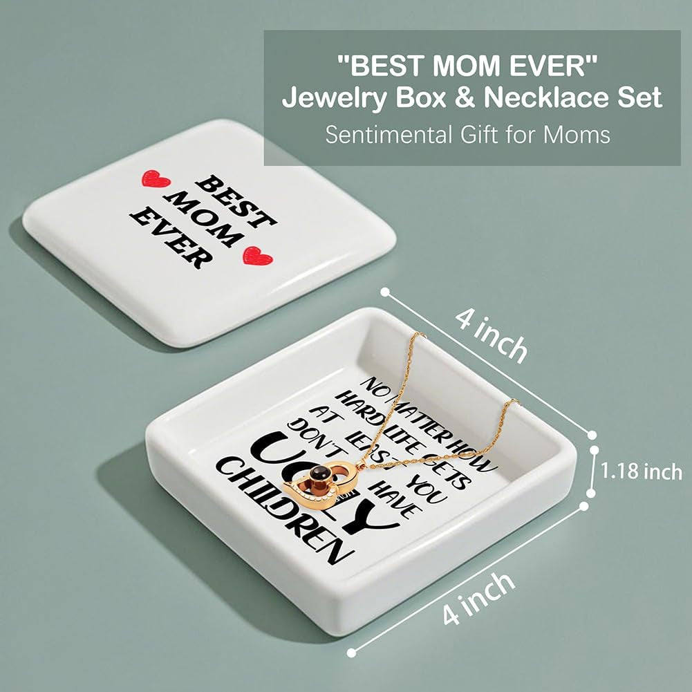 Best Mom Gifts from Daughter Son - Mothers Day Birthday Christmas Valentine Gifts for Mom Jewelry Tray Ring Holder Trinket Dish with I Love You Heart Necklace