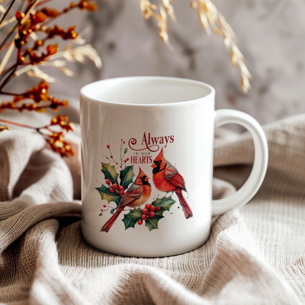 Red Cardinal Mug – Northern Red Cardinal Christmas Mug with Heartfelt Message, 11oz or 15oz White Ceramic Coffee Cup