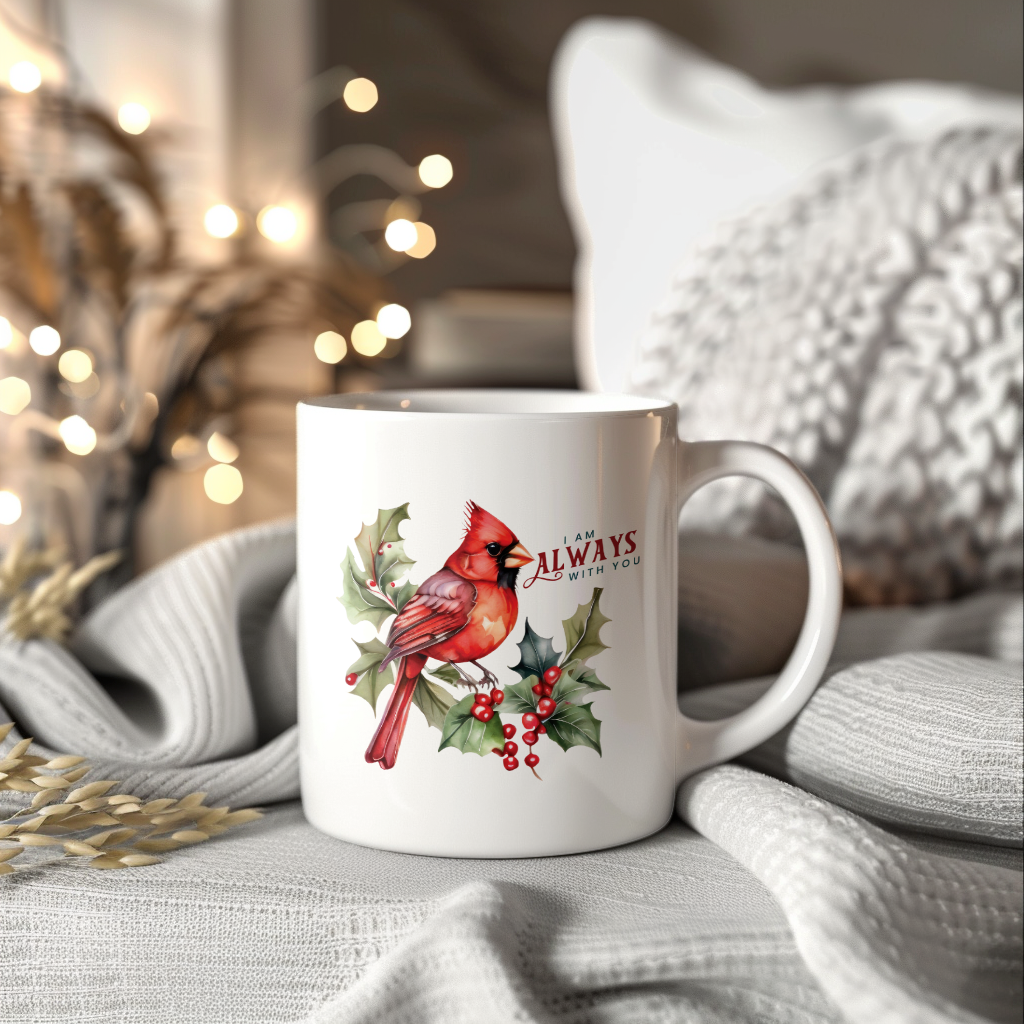 Red Cardinal Mug – Northern Red Cardinal Christmas Mug with Heartfelt Message, 11oz or 15oz White Ceramic Coffee Cup