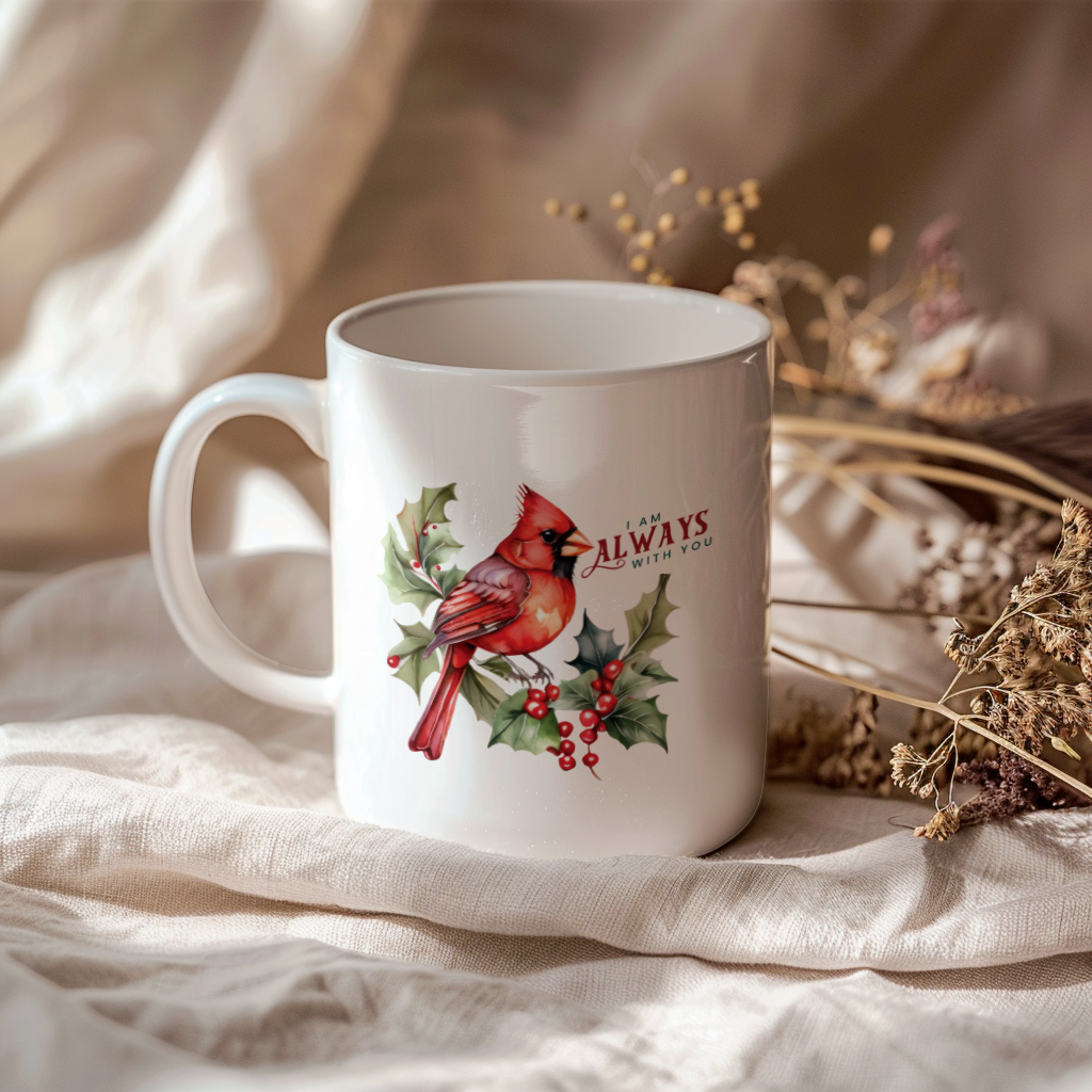 Red Cardinal Mug – Northern Red Cardinal Christmas Mug with Heartfelt Message, 11oz or 15oz White Ceramic Coffee Cup