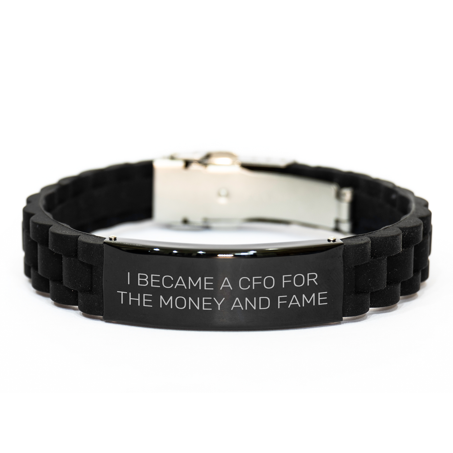 Funny CFO Gifts for Mother's Day - 'I Became A Cfo For The Money And Fame' Glide lock Clasp Black Stainless Steel Silicone Adjustable Men's Women's Friend's Gift from Family - Image 1