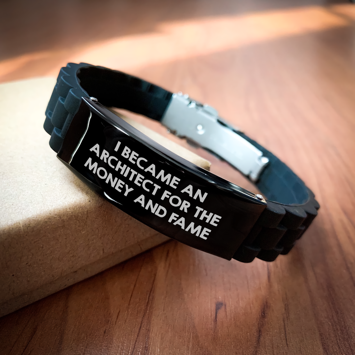 Funny Architect Gifts for Mom - I Became An Architect For The Money And Fame Glide lock Clasp Bracelet, Adjustable Black Stainless Steel Silicone Jewelry, Gifts from Friends for Mother's Day - Image 2