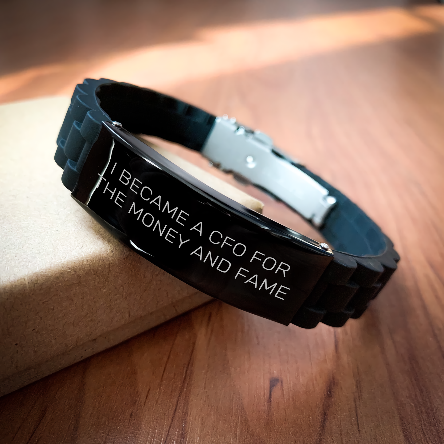 Funny CFO Gifts for Mother's Day - 'I Became A Cfo For The Money And Fame' Glide lock Clasp Black Stainless Steel Silicone Adjustable Men's Women's Friend's Gift from Family - Image 2