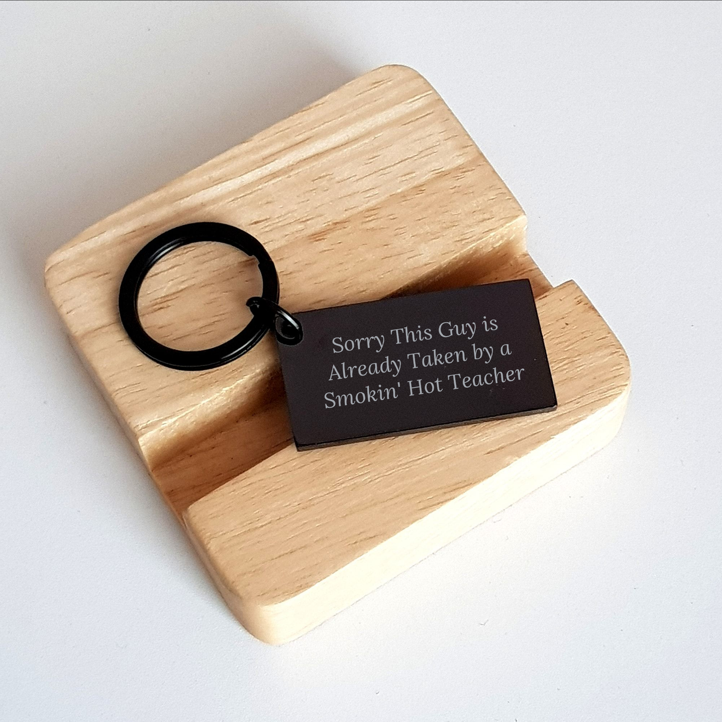 Funny Teacher Keychain Gifts for Him from Friends, Coworkers, or Family, 'Sorry This Guy Is Already Taken By A Smokin\' Hot Teacher', Black Stainless Steel, 1.57 x 0.87 inches - Image 2