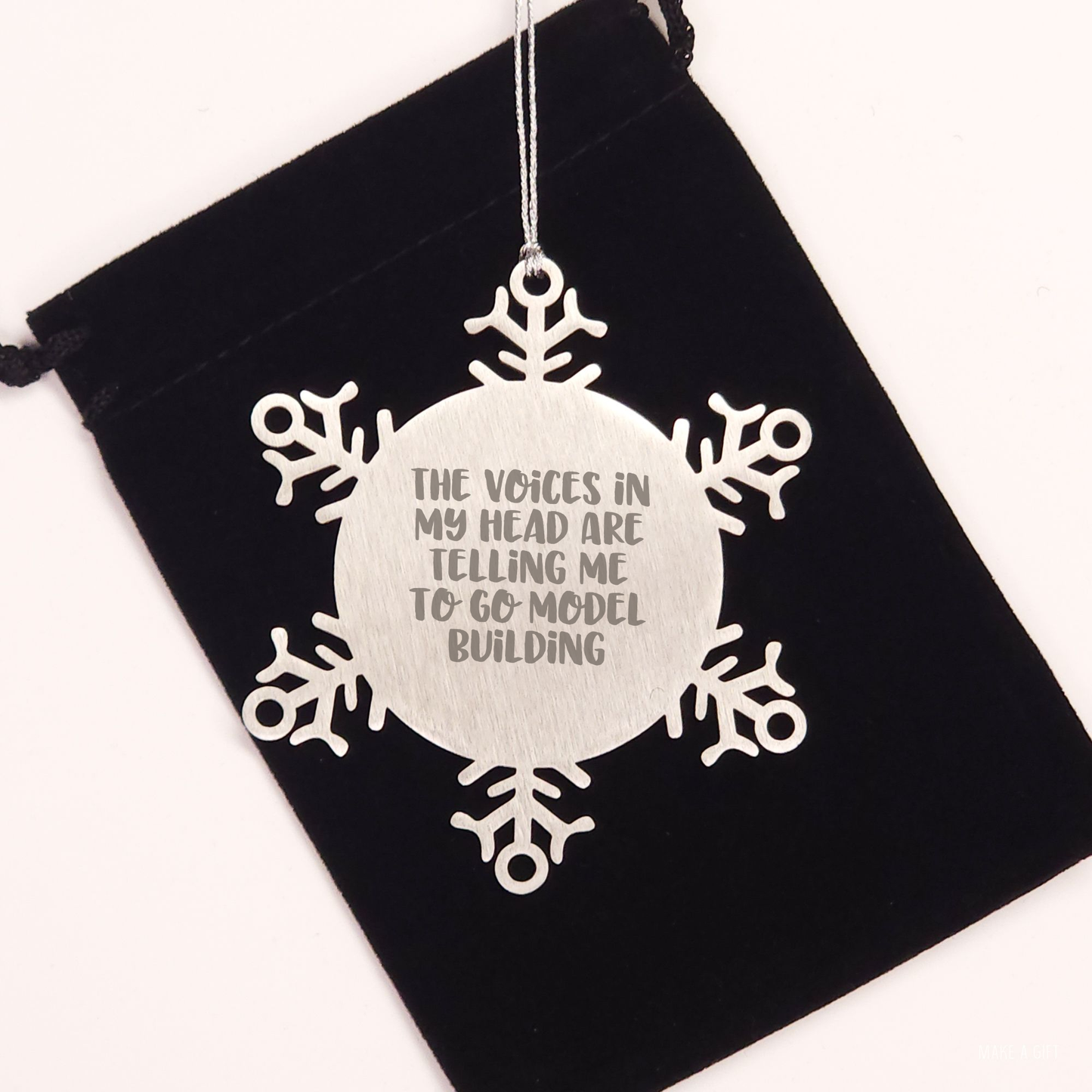 'Funny' Model Building Gift, Snowflake Ornament for Christmas from Friends to Family - 'The Voices In My Head Are Telling Me To Go Model Building' - Image 2