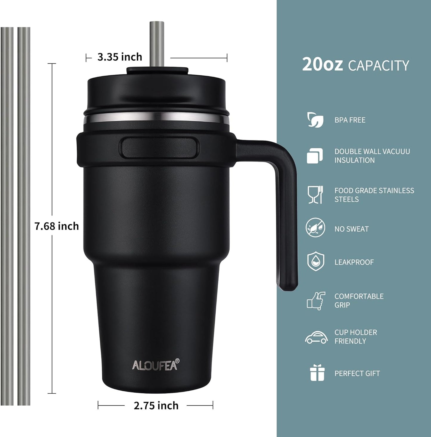 20 Oz Insulated Coffee Mug Tumbler with Handle, Stainless Steel Travel Mug Tumbler with Lid and Straw,Double Wall Vacuum Leak Proof Ice Coffee Thermal Cup, Indigo Black
