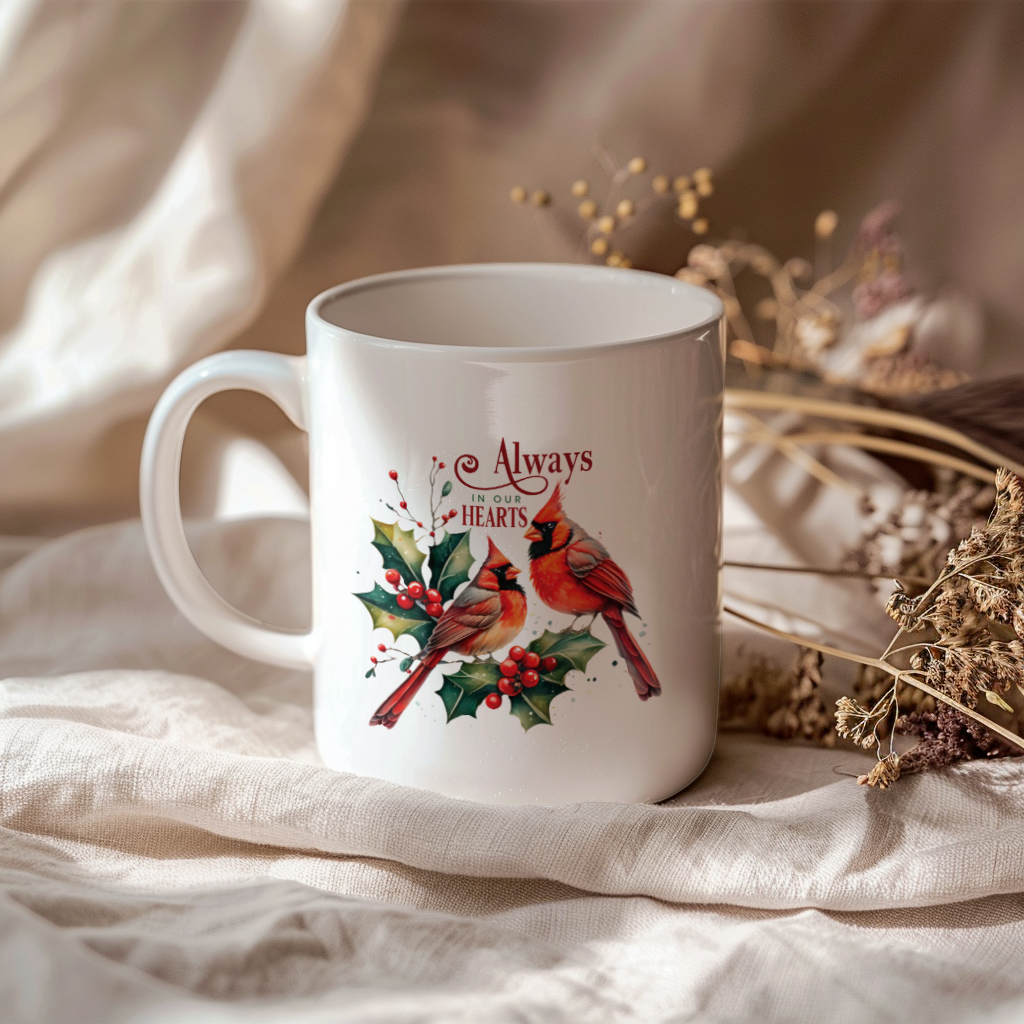 Red Cardinal Mug – Northern Red Cardinal Christmas Mug with Heartfelt Message, 11oz or 15oz White Ceramic Coffee Cup