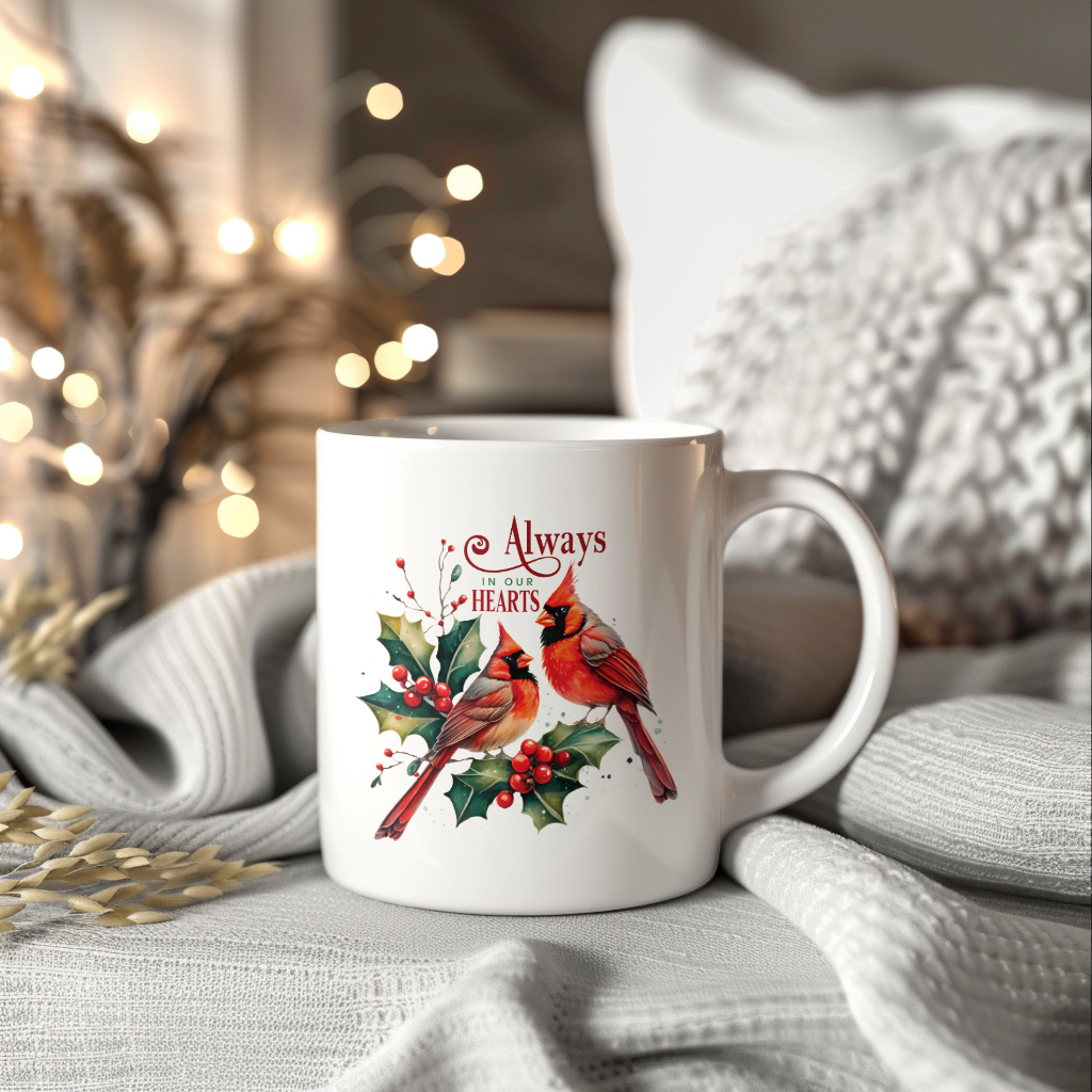 Red Cardinal Mug – Northern Red Cardinal Christmas Mug with Heartfelt Message, 11oz or 15oz White Ceramic Coffee Cup