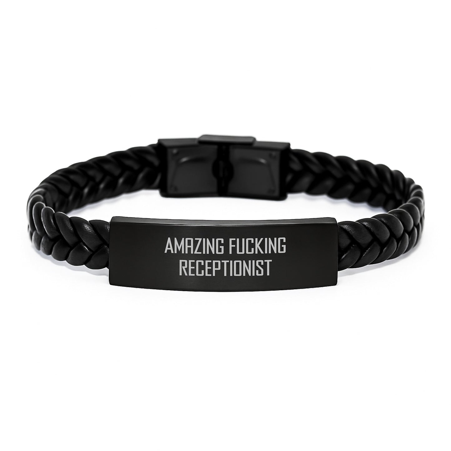 Funny Receptionist Gifts from Men to Amazing Receptionists, Interlaced Leather Bracelet for Graduation, 'Amazing F--king Receptionist' Quote - Image 1