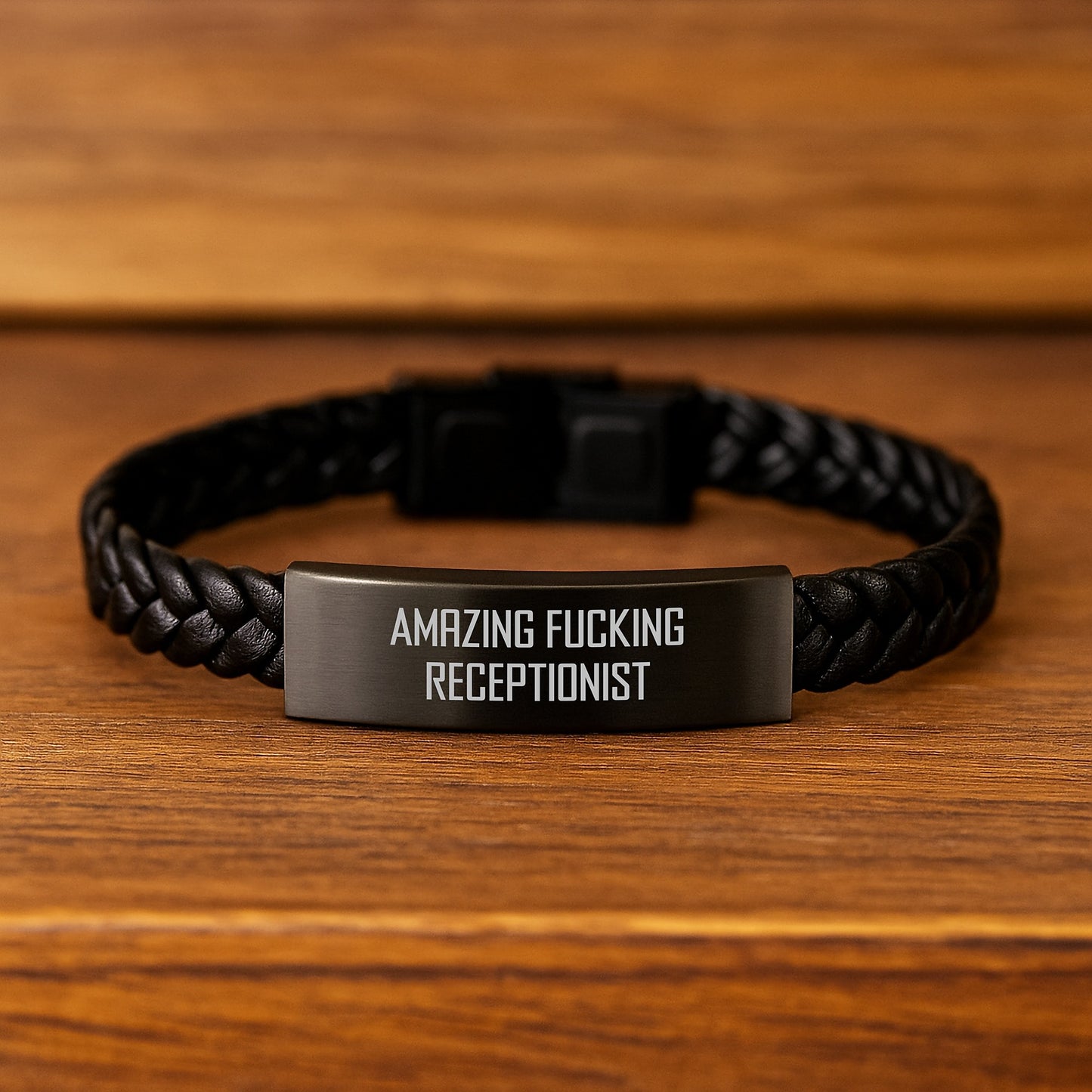 Funny Receptionist Gifts from Men to Amazing Receptionists, Interlaced Leather Bracelet for Graduation, 'Amazing F--king Receptionist' Quote - Image 2