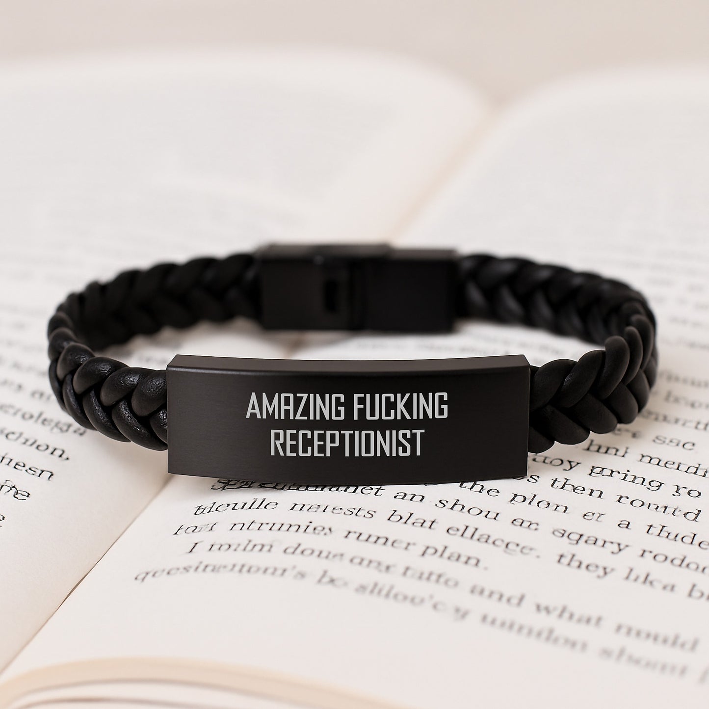 Funny Receptionist Gifts from Men to Amazing Receptionists, Interlaced Leather Bracelet for Graduation, 'Amazing F--king Receptionist' Quote - Image 3
