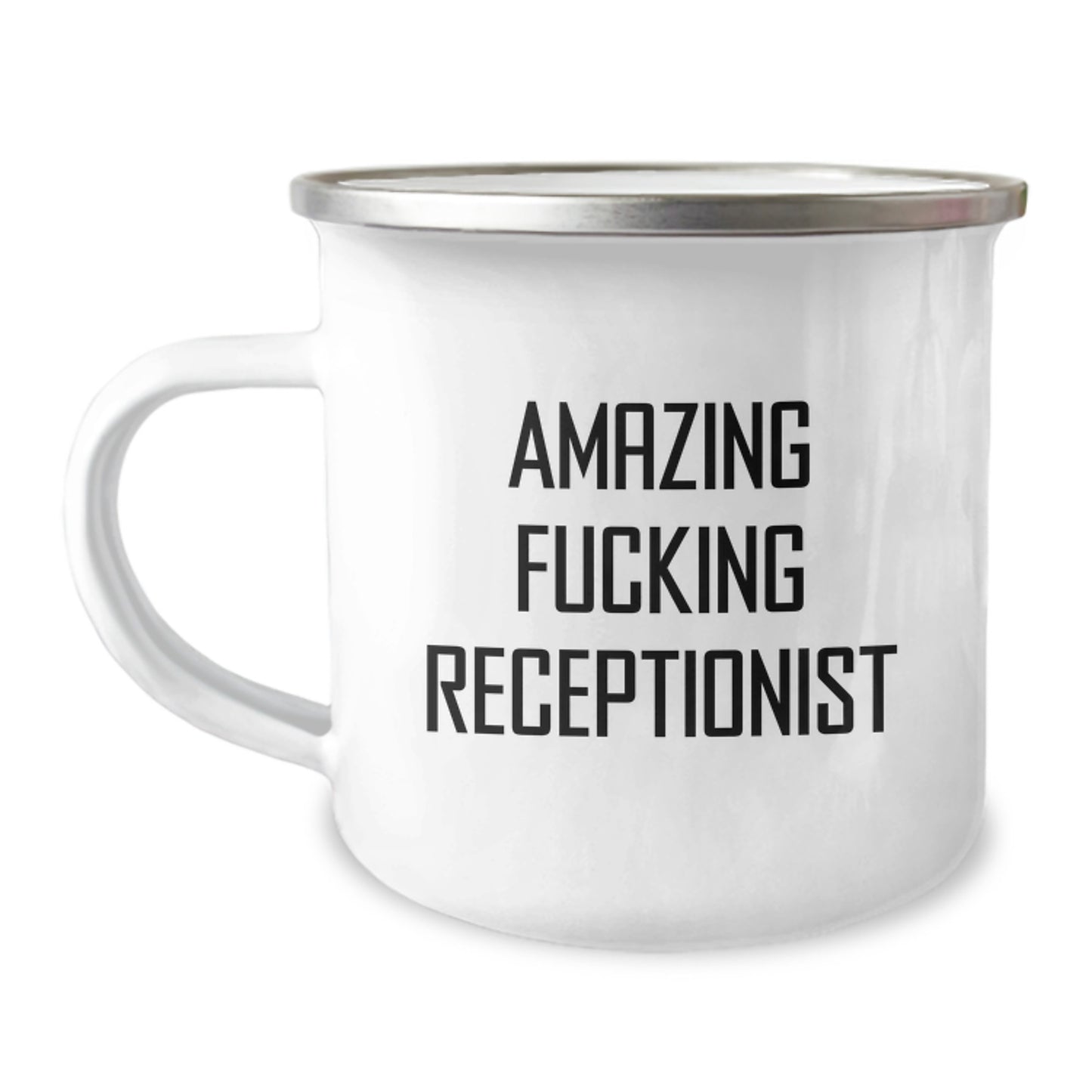 Funny Receptionist Gifts from Friends for Graduation - 'Amazing F--king Receptionist' Quote on Camping Mug, 12 oz Stainless Steel with Enamel Finish - Image 1