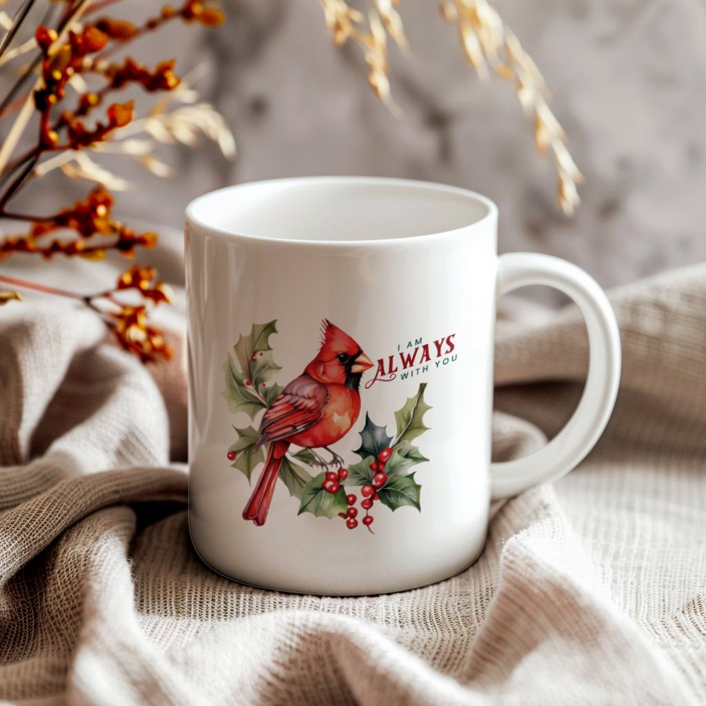 Red Cardinal Mug – Northern Red Cardinal Christmas Mug with Heartfelt Message, 11oz or 15oz White Ceramic Coffee Cup