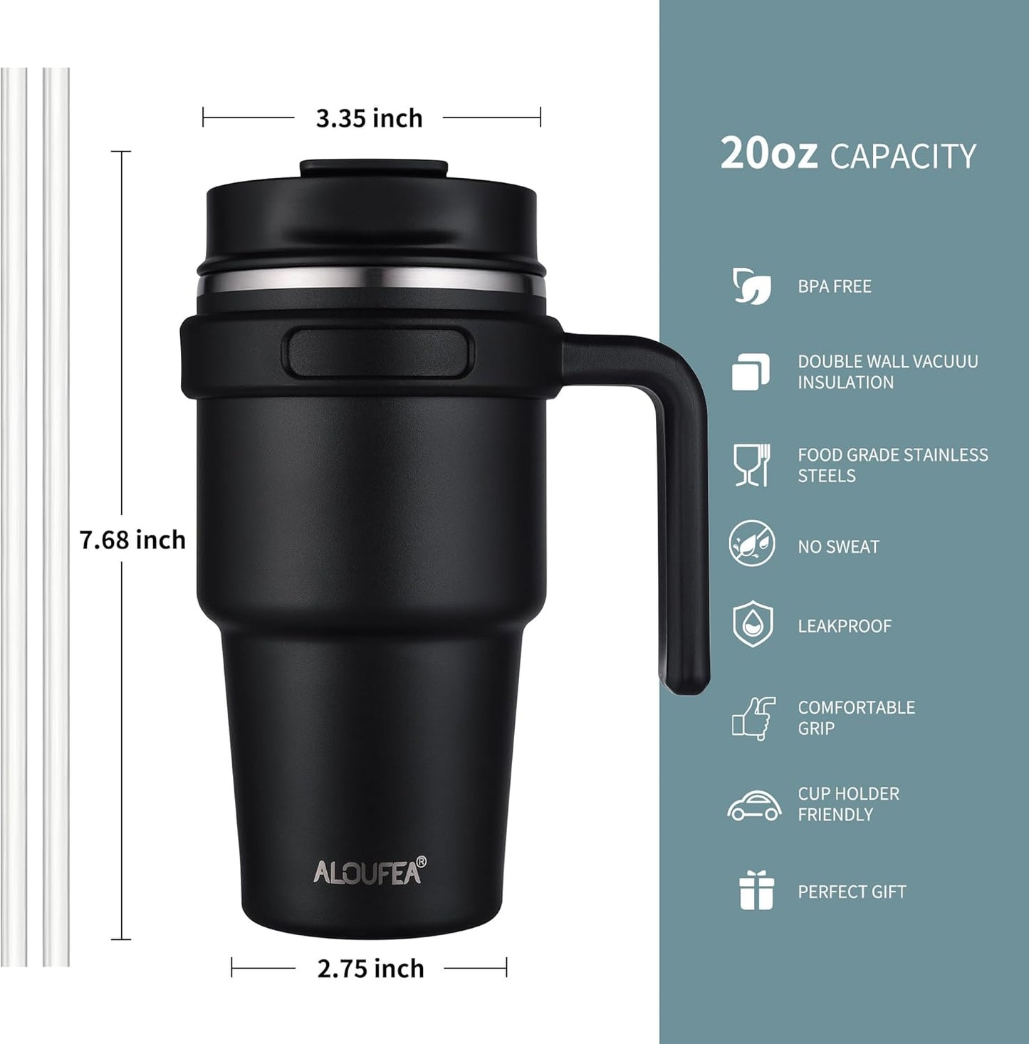 20 Oz Insulated Coffee Mug Tumbler with Handle, Stainless Steel Travel Mug Tumbler with Lid and Straw,Double Wall Vacuum Leak Proof Ice Coffee Thermal Cup,Sage
