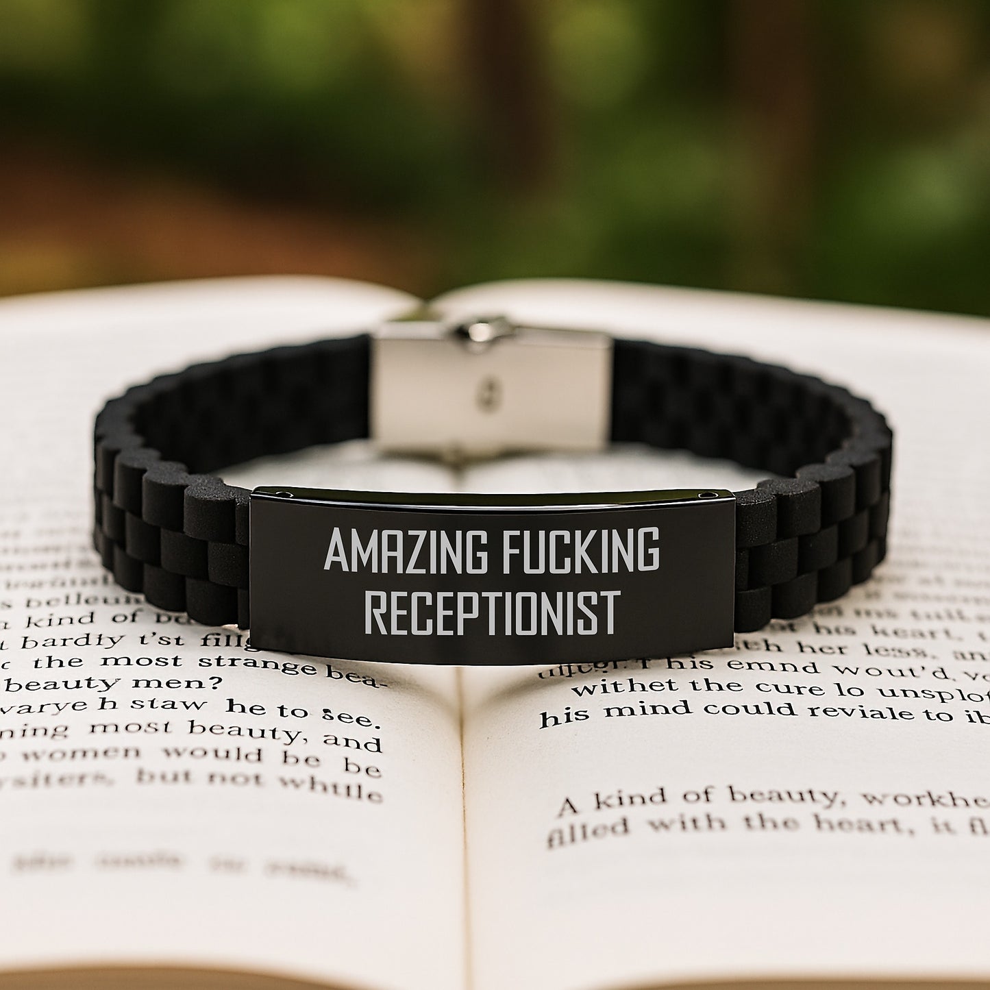 Receptionist Gifts from Friends, Funny Quote Inspired Glide lock Clasp Black Stainless Steel Silicone Adjustable Graduation Gift for Men Women Coworkers Family - Image 2