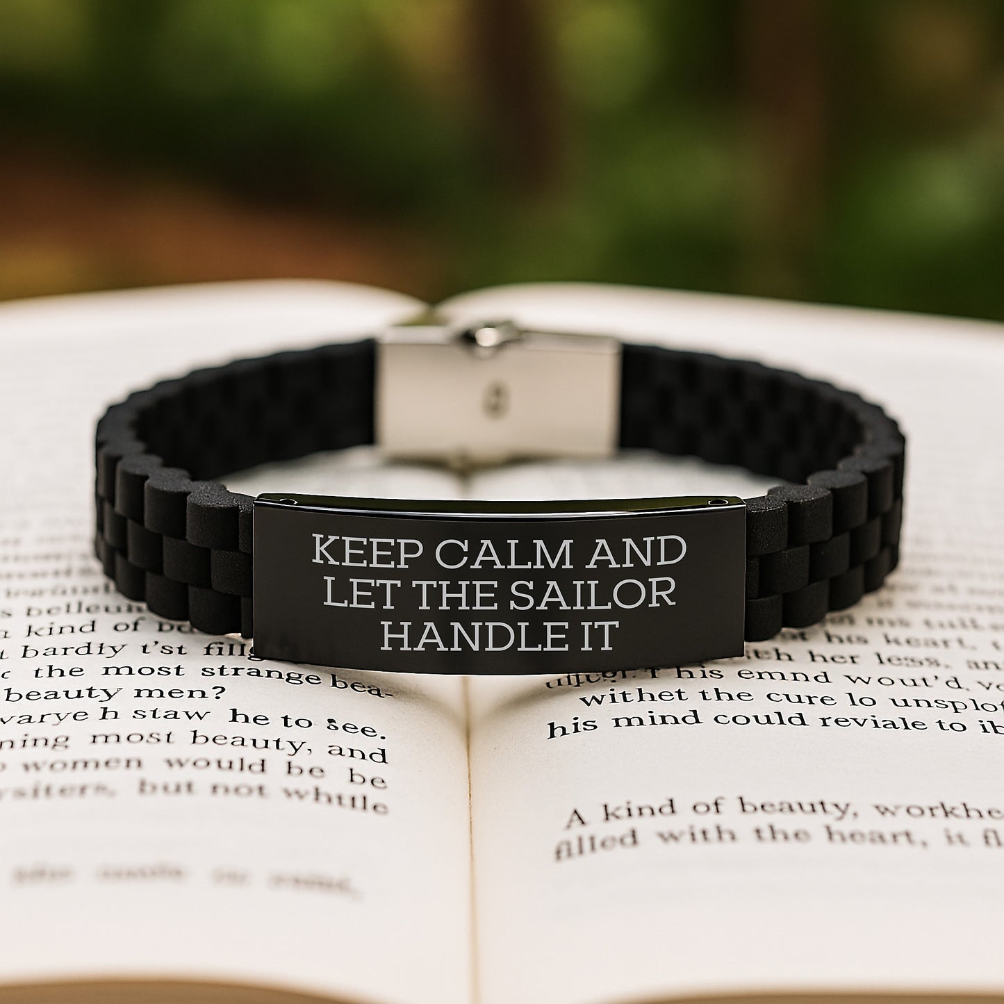 Funny Sailor Gifts for Men from Friends - Keep Calm And Let The Sailor Handle It Glide lock Clasp Black Stainless Steel Silicone Adjustable Bracelet for Graduation - Image 2