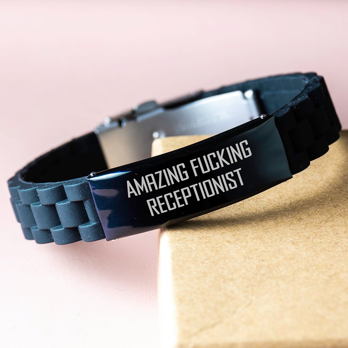 Receptionist Gifts from Friends, Funny Quote Inspired Glide lock Clasp Black Stainless Steel Silicone Adjustable Graduation Gift for Men Women Coworkers Family - Image 3
