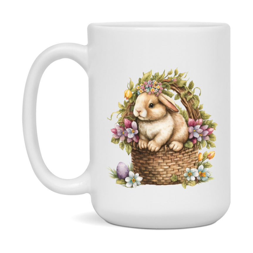 Easter Bunny Coffee Mug, Vintage Bunny Basket Design Easter Gift, Double-Sided 11Oz Or 15Oz White Ceramic Cup