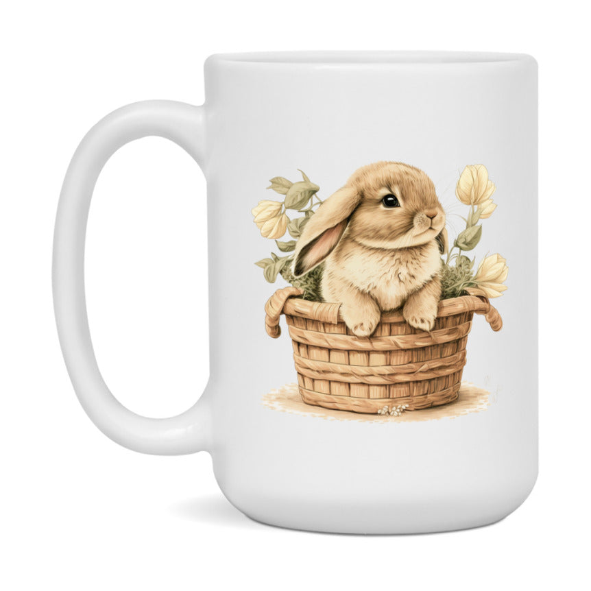 Easter Bunny Coffee Mug, Whimsical Bunny Basket Easter Gift, Double-Sided 11Oz Or 15Oz White Ceramic Cup