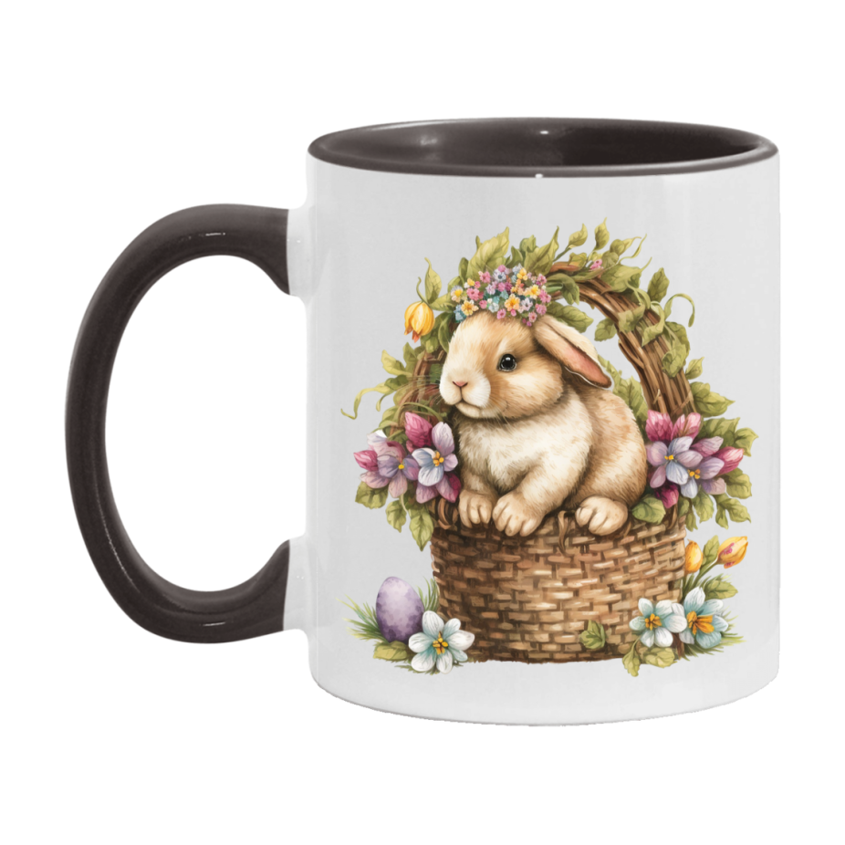 Easter Bunny Coffee Mug, Vintage Bunny Basket Design Easter Gift, Double-Sided 11Oz Or 15Oz White Ceramic Cup