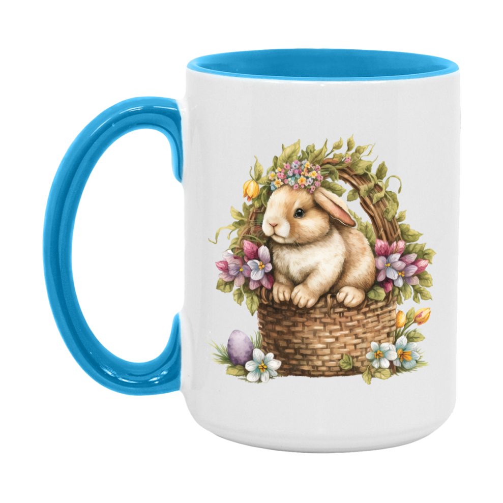 Easter Bunny Coffee Mug, Vintage Bunny Basket Design Easter Gift, Double-Sided 11Oz Or 15Oz White Ceramic Cup