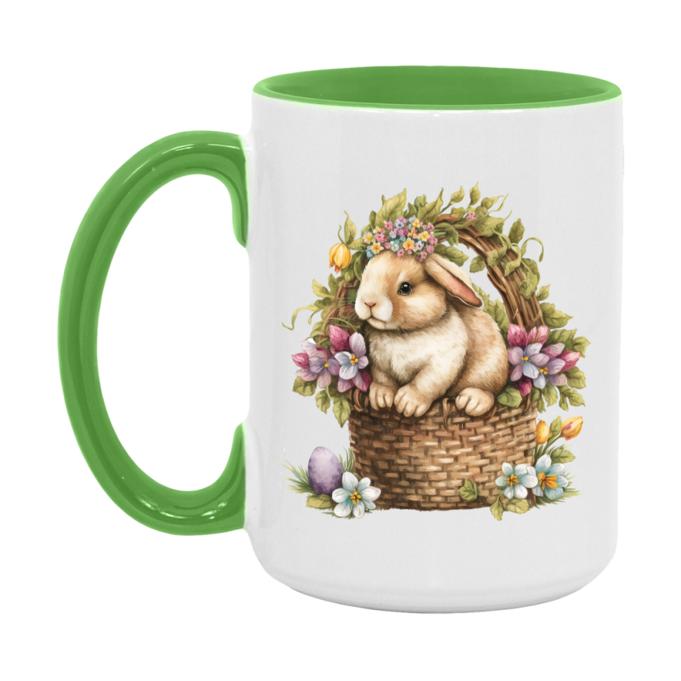 Easter Bunny Coffee Mug, Vintage Bunny Basket Design Easter Gift, Double-Sided 11Oz Or 15Oz White Ceramic Cup