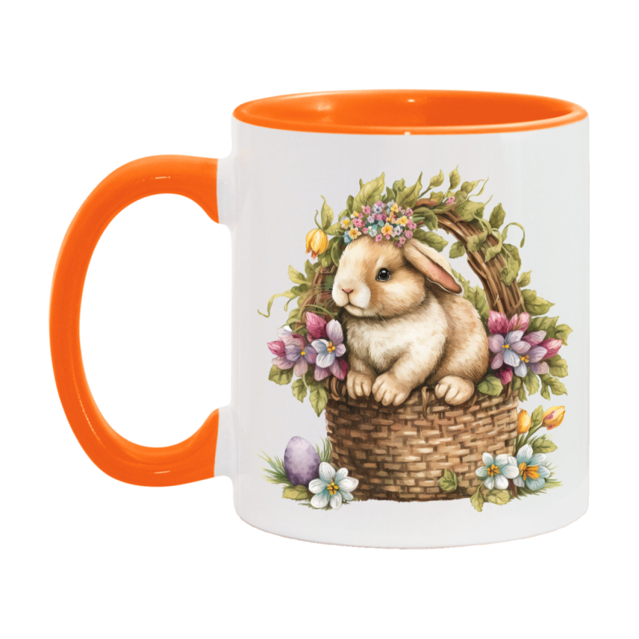 Easter Bunny Coffee Mug, Vintage Bunny Basket Design Easter Gift, Double-Sided 11Oz Or 15Oz White Ceramic Cup
