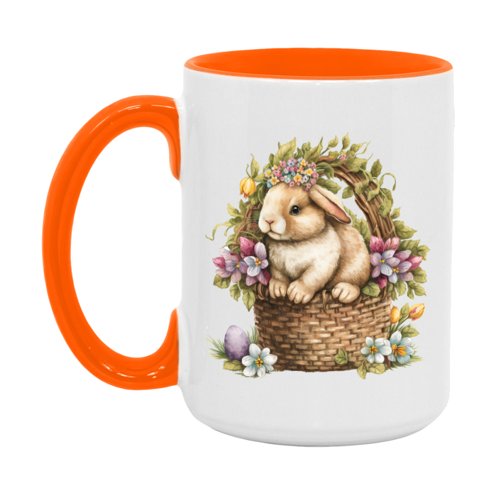 Easter Bunny Coffee Mug, Vintage Bunny Basket Design Easter Gift, Double-Sided 11Oz Or 15Oz White Ceramic Cup