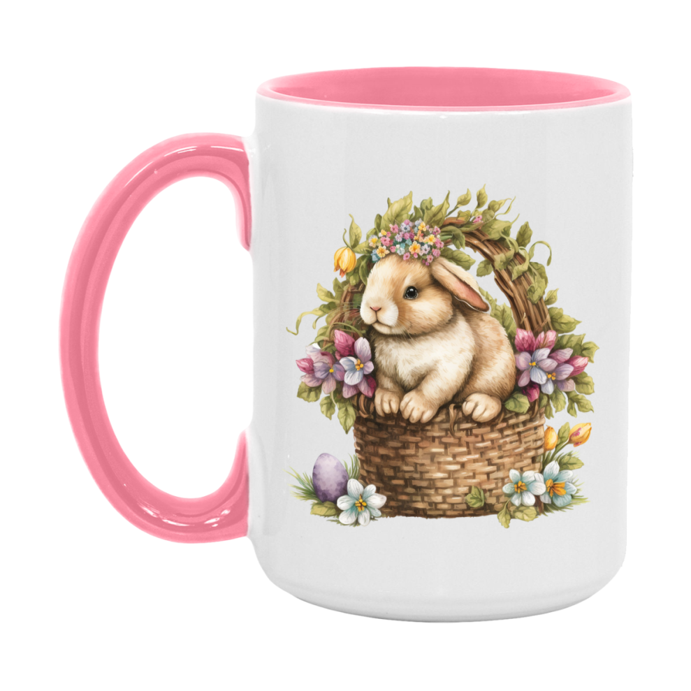Easter Bunny Coffee Mug, Vintage Bunny Basket Design Easter Gift, Double-Sided 11Oz Or 15Oz White Ceramic Cup