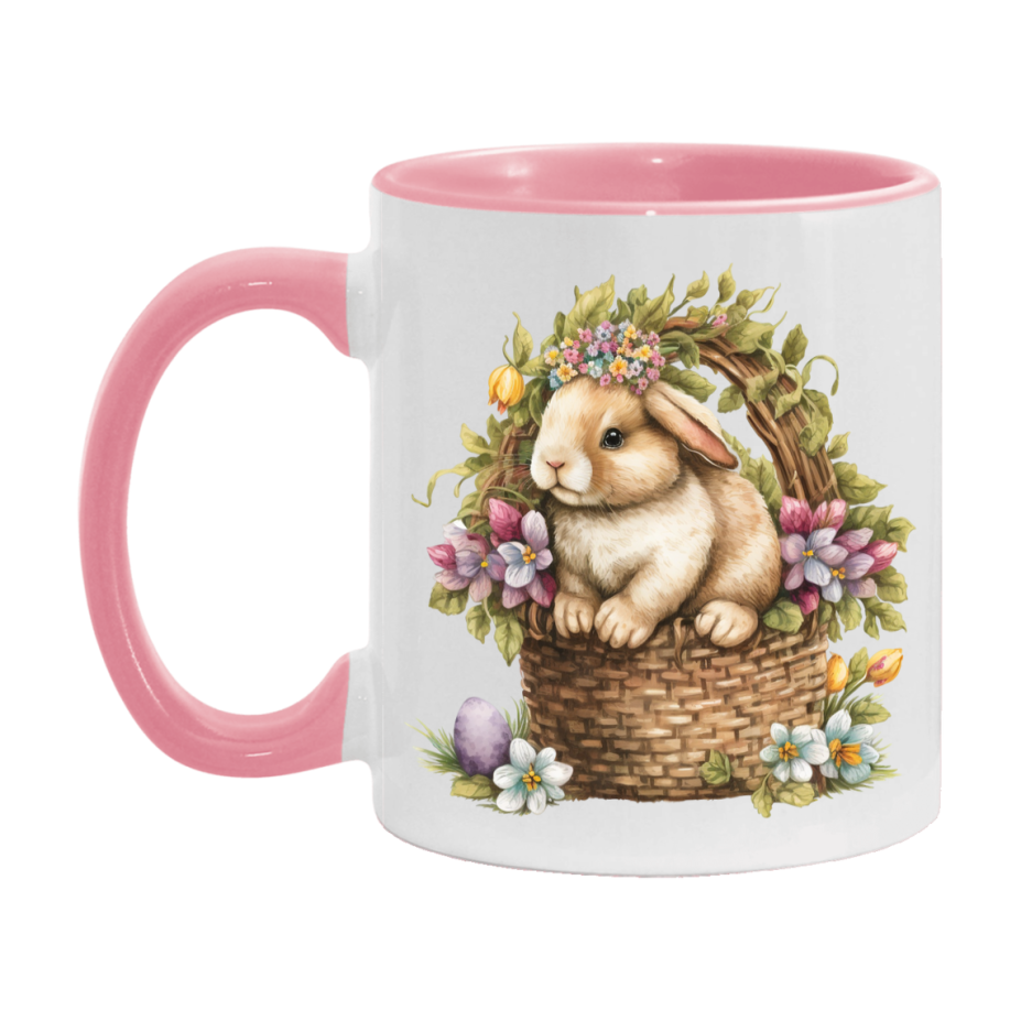 Easter Bunny Coffee Mug, Vintage Bunny Basket Design Easter Gift, Double-Sided 11Oz Or 15Oz White Ceramic Cup