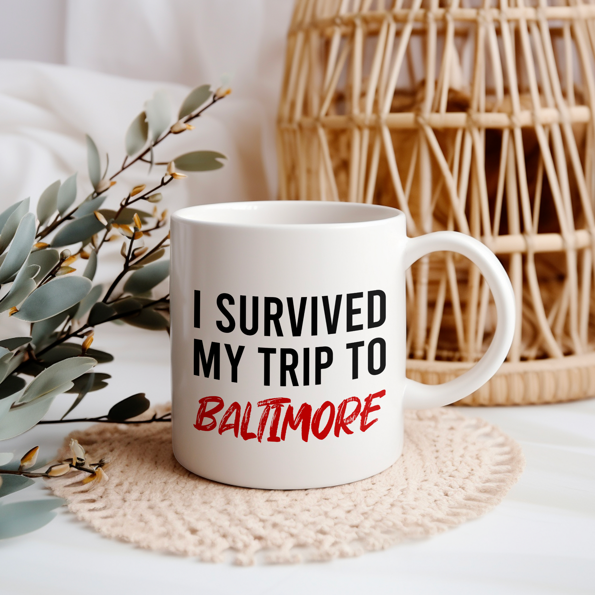 Funny Travel Mug – I Survived My Trip to Baltimore, 11oz or 15oz White Ceramic Coffee Mug, Novelty Travel Gift