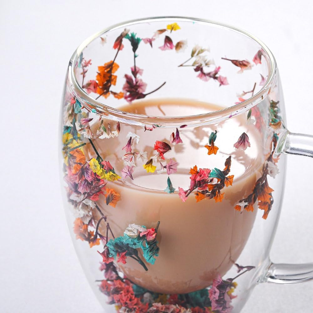 Pressed Flower Double Wall Glass Coffee Mug – Insulated Floral Tea & Coffee Cup with Handle