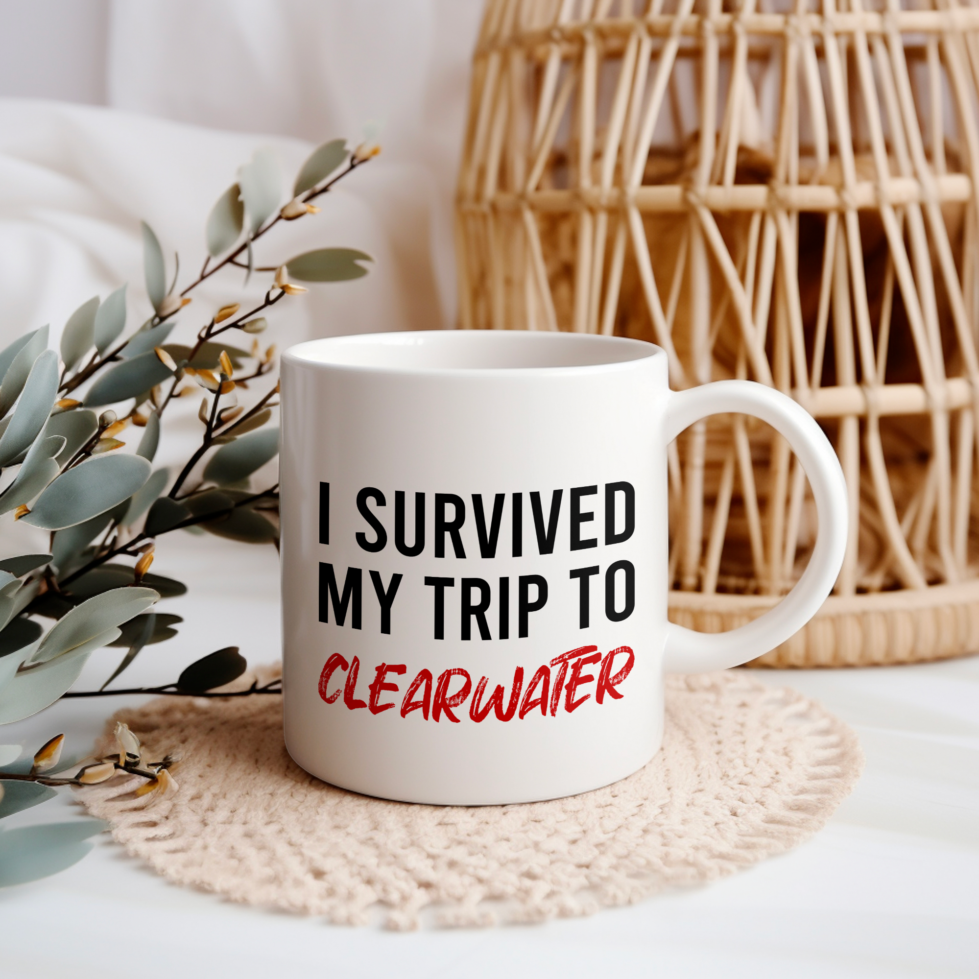 Funny Travel Mug – I Survived My Trip to Clearwater, 11oz or 15oz White Ceramic Coffee Mug, Novelty Travel Gift