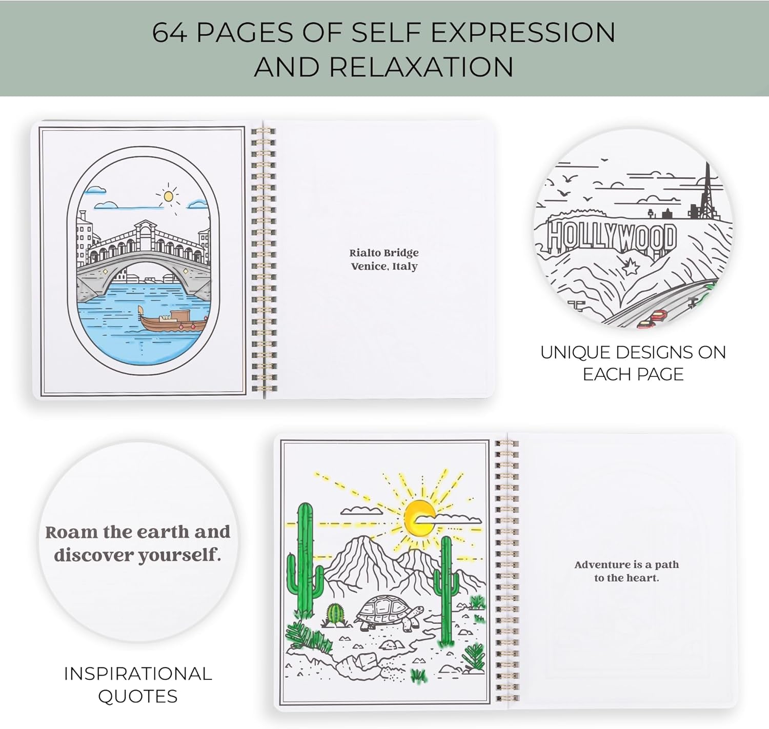 Beautiful Adult Coloring Book Set of 2 for Relaxation - Inspirational Adventures and Landmarks Scenery for the Spirit of Wanderlust - Perfect Stress-Relieving Gift for Women