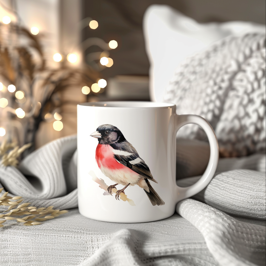 Bird Watching Mug, Rose Breasted Grosbeak Song Bird Mug, 11oz or 15oz White Ceramic Coffee Mug Gift for Bird Watchers