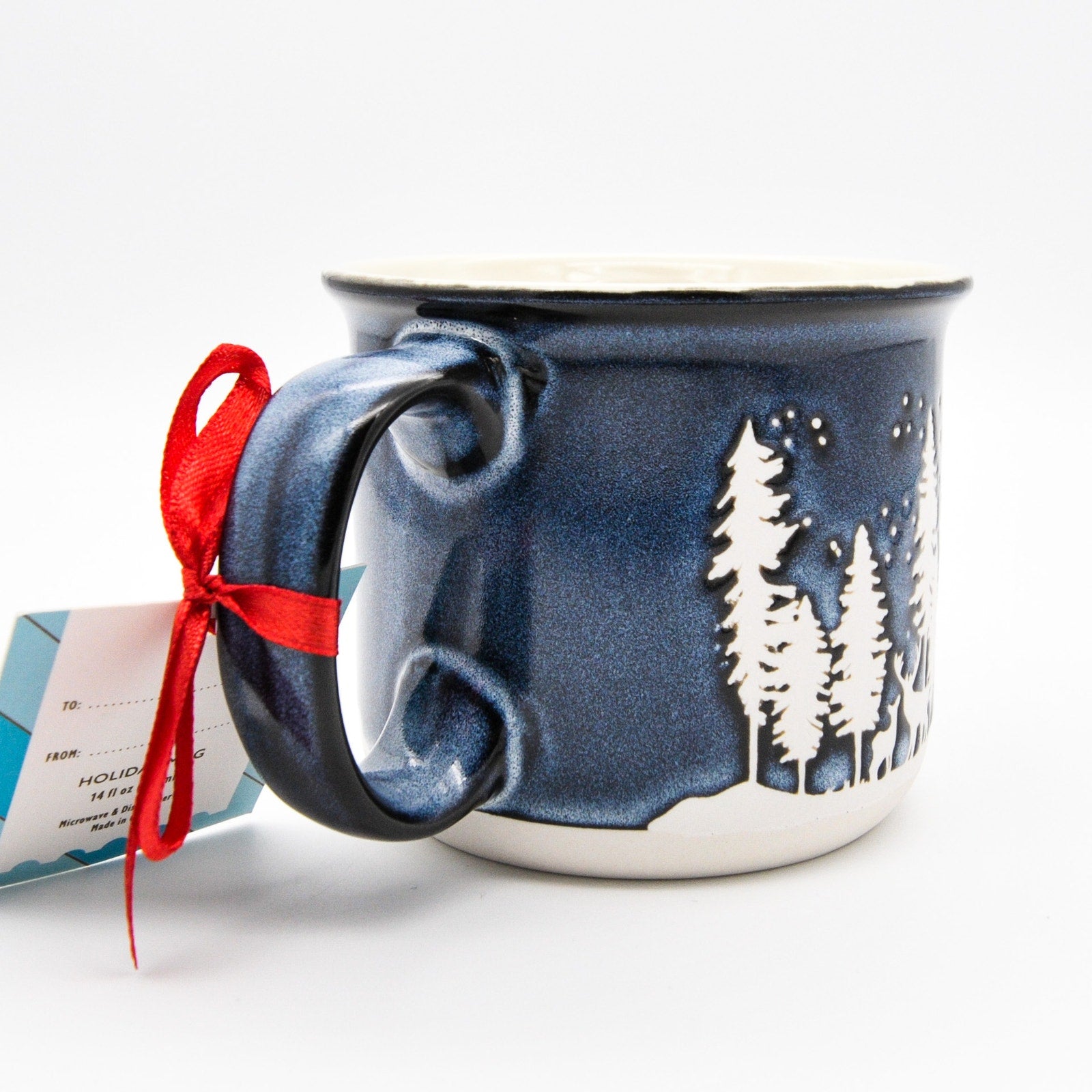Holiday Camping Mug, Blue Ceramic 14oz Coffee Cup with Elk and Calf Winter Scene by Gingerbread Home