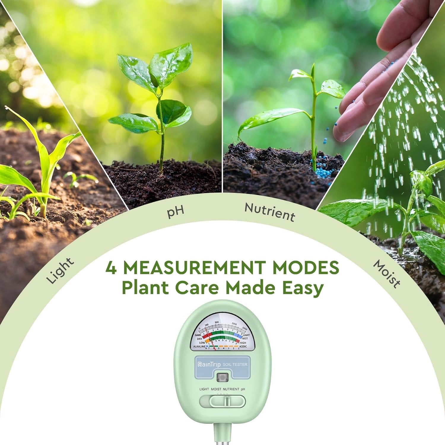 Soil Moisture Meter, 4-In-1 Moisture Meter for Plants, Tester for Moist, Light,Nutrients, Ph, Soil Test Kit, Great for Garden, Lawn, Farm, Indoor & Outdoor Use, No Battery Required