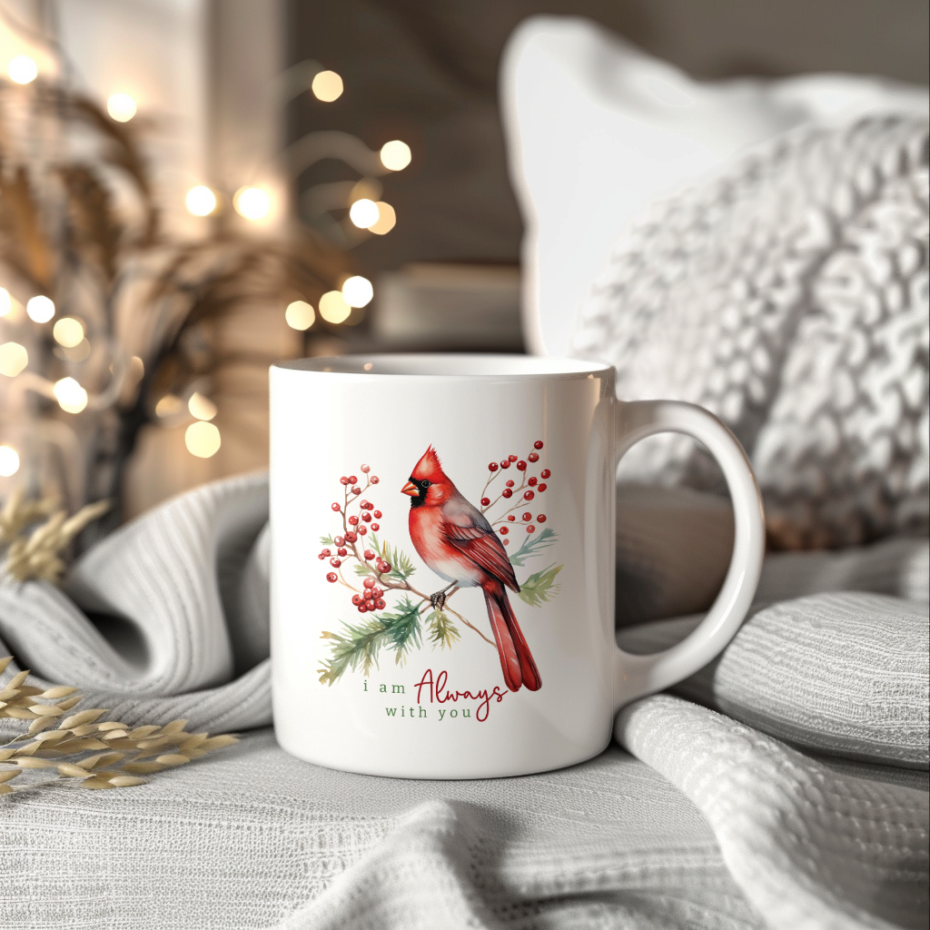 Red Cardinal Mug – Northern Red Cardinal Christmas Mug with Heartfelt Message, 11oz or 15oz White Ceramic Coffee Cup