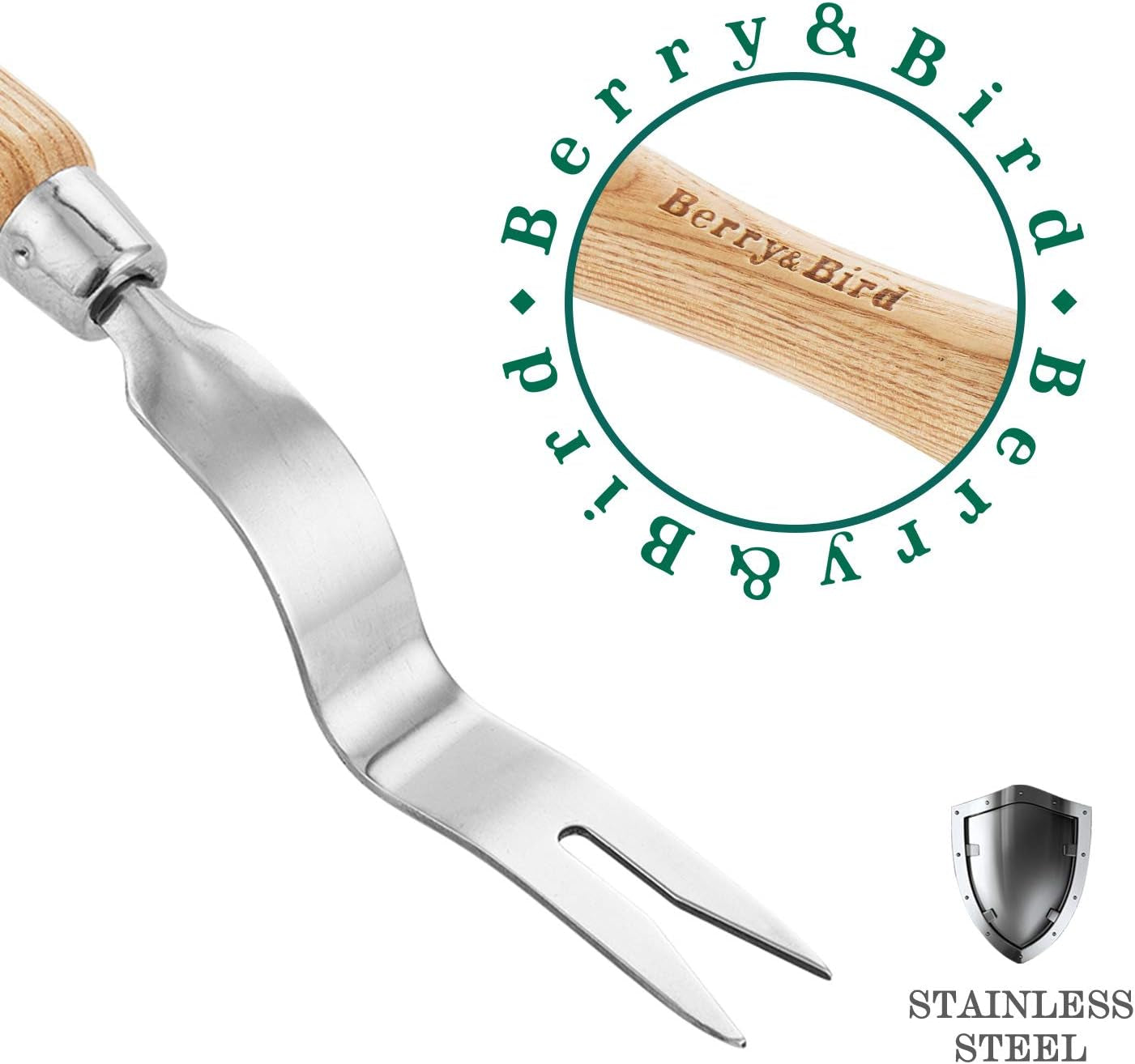 Berry&Bird Hand Weeder Tool, Stainless Steel Gardening Weed Puller, 12.1" Manual Weeding Removal Cutter Tool with Ash Wood Handle for Planting, Weeding, Flower & Vegetable Care in Garden Lawn Yard