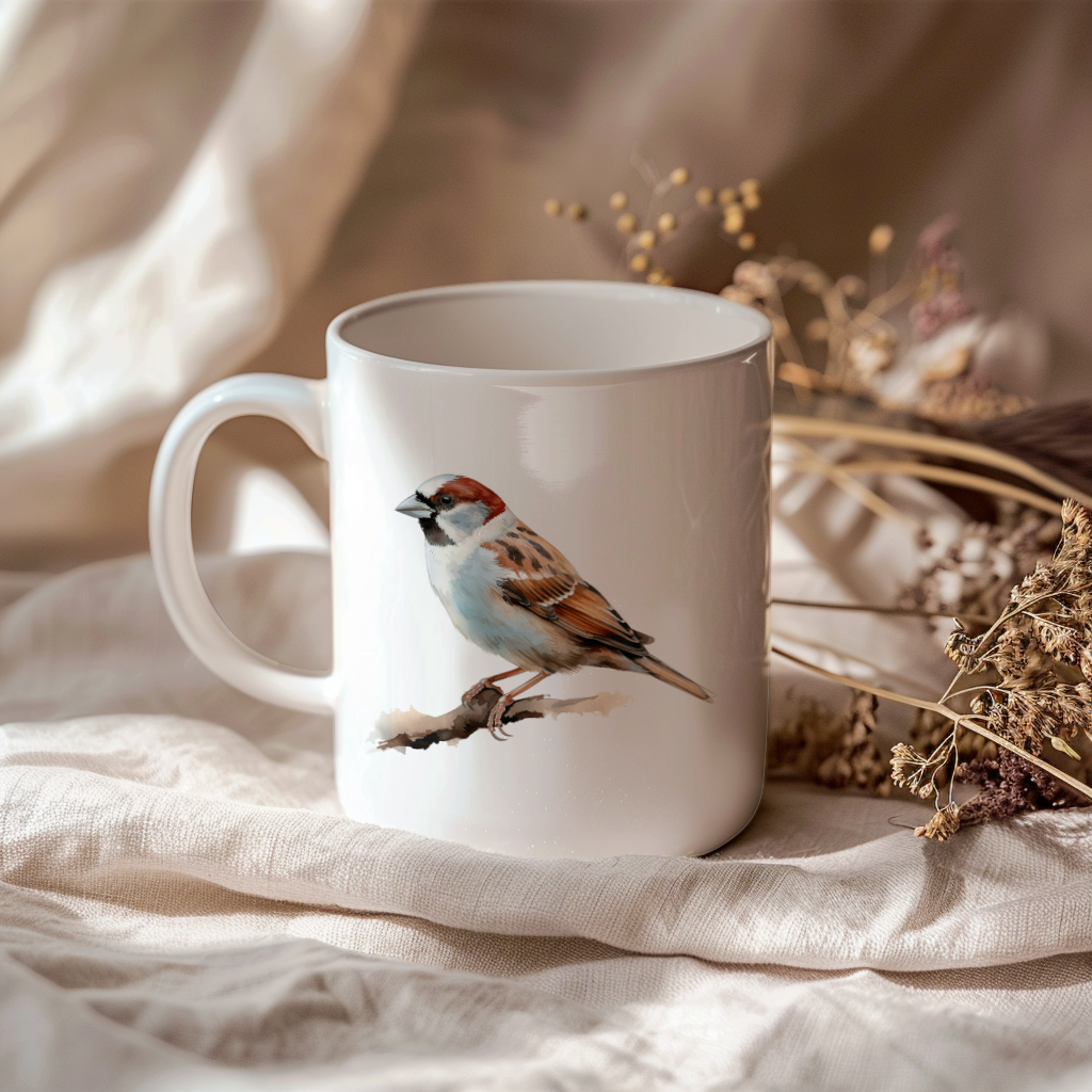 Bird Watching Mug, House Sparrow Song Bird Mug, 11oz or 15oz White Ceramic Coffee Mug Gift for Bird Watchers