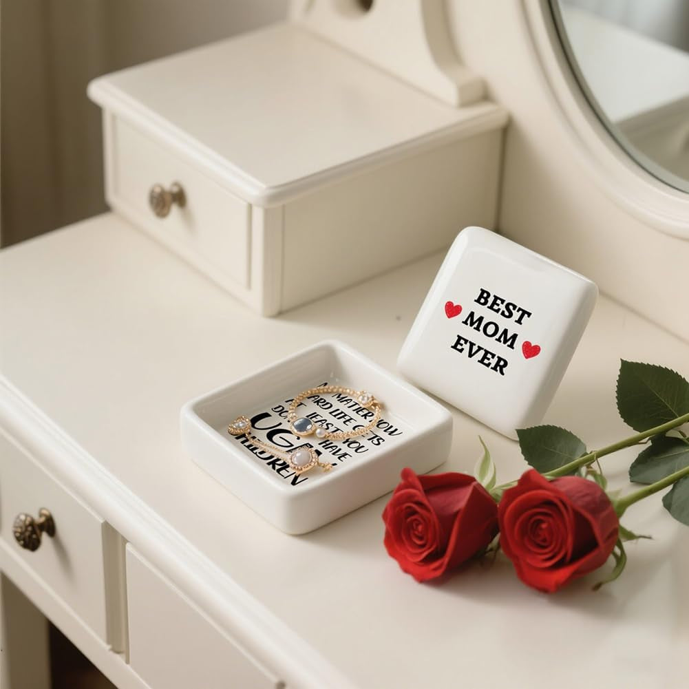 Best Mom Gifts from Daughter Son - Mothers Day Birthday Christmas Valentine Gifts for Mom Jewelry Tray Ring Holder Trinket Dish with I Love You Heart Necklace