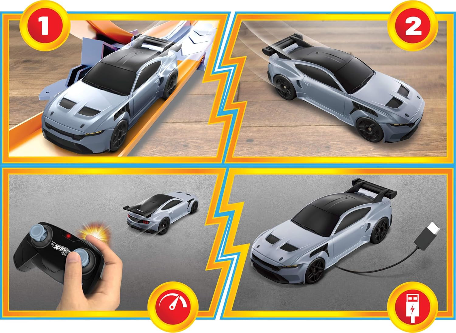 RC Toy Car, Full-Function Remote-Control 1:64 Scale Ford Mustang, Booster Button to Race & Stunt On- or Off-Track, Recharge with USB Cable