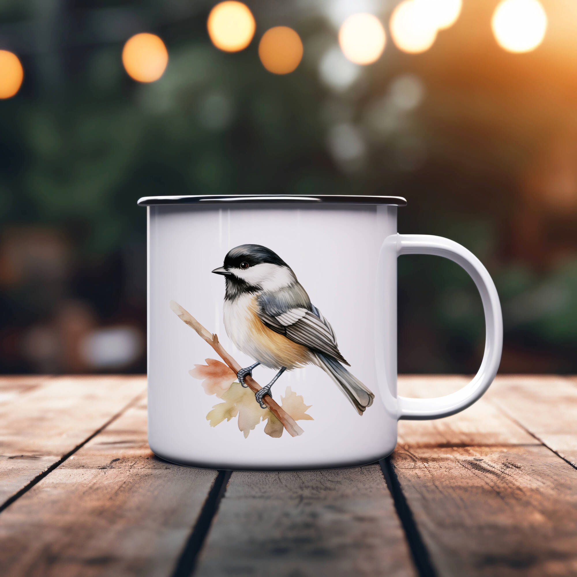 Bird Watching Mug, Black Capped Chickadee Song Bird Camping Mug, 12oz Camping Mug, White Stainless Steel Cup with Handle