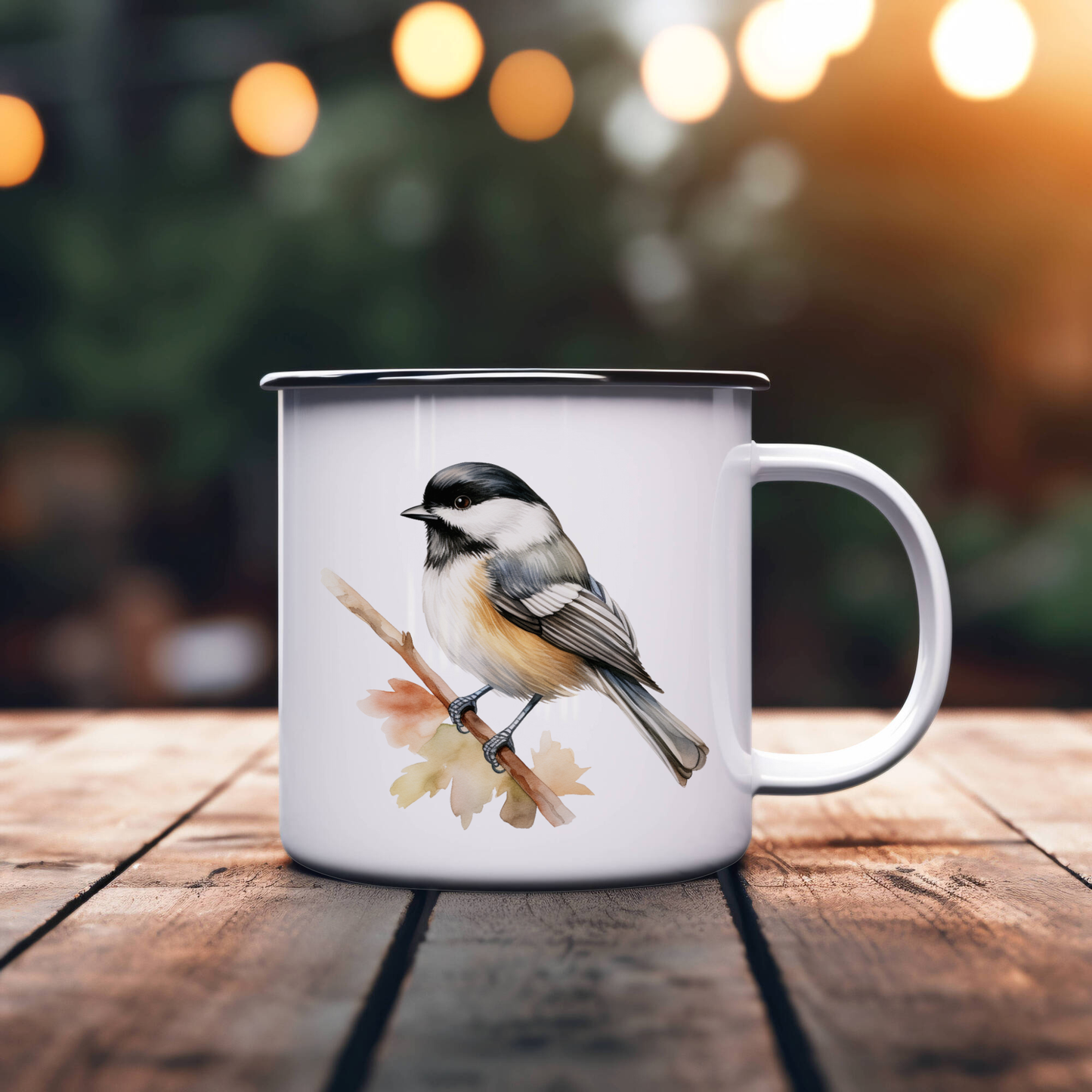 Bird Watching Mug, Black Capped Chickadee Song Bird Camping Mug, 12oz Camping Mug, White Stainless Steel Cup with Handle