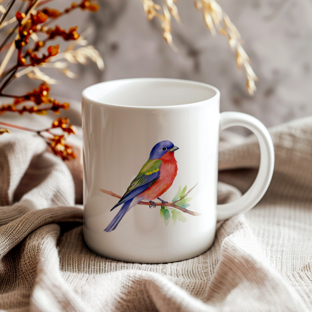 Bird Watching Mug, Painted Bunting Song Bird Mug, 11oz or 15oz White Ceramic Coffee Mug Gift for Bird Watchers