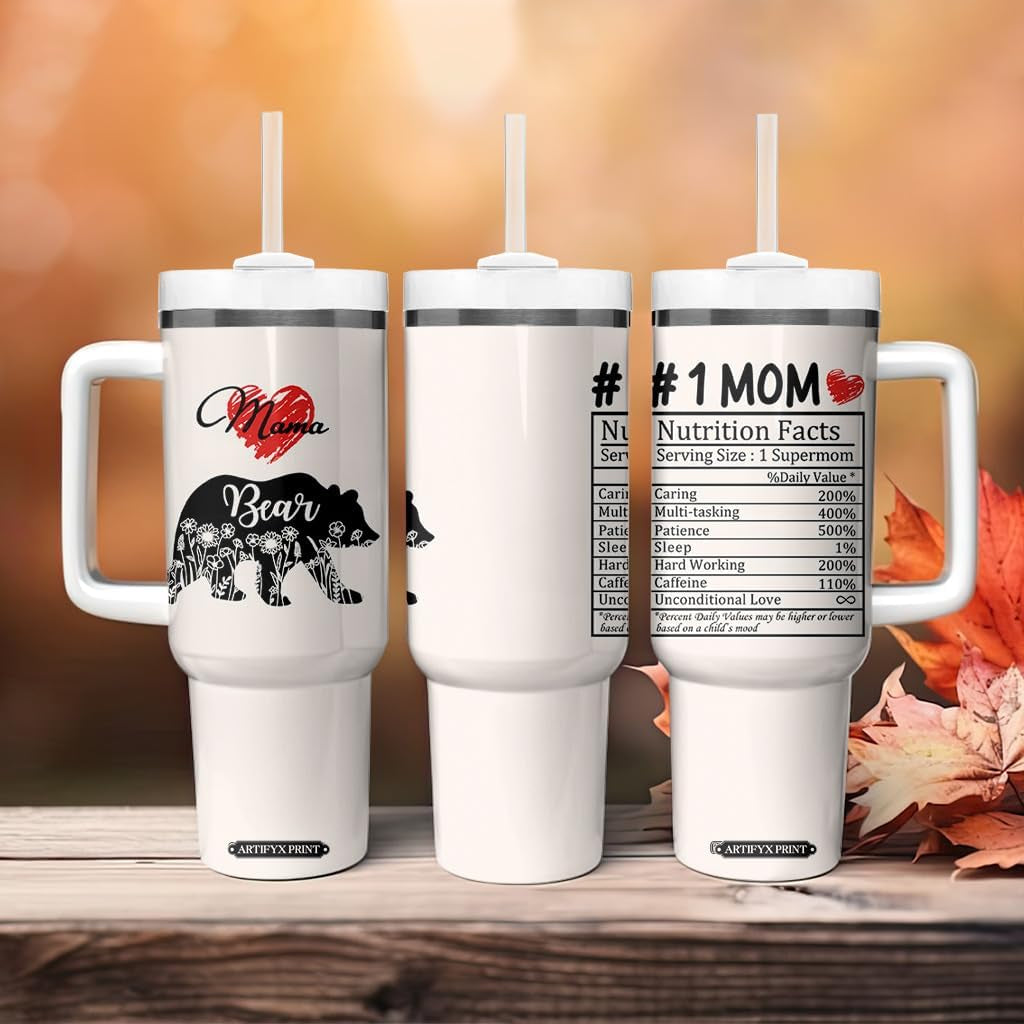Mama Bear Tumbler with Handle - #1 Mom Nutrition Facts, Best Mom Ever Floral Bear Mother’S Day Gift from Daughter Son Husband, Christmas Gifts for Women