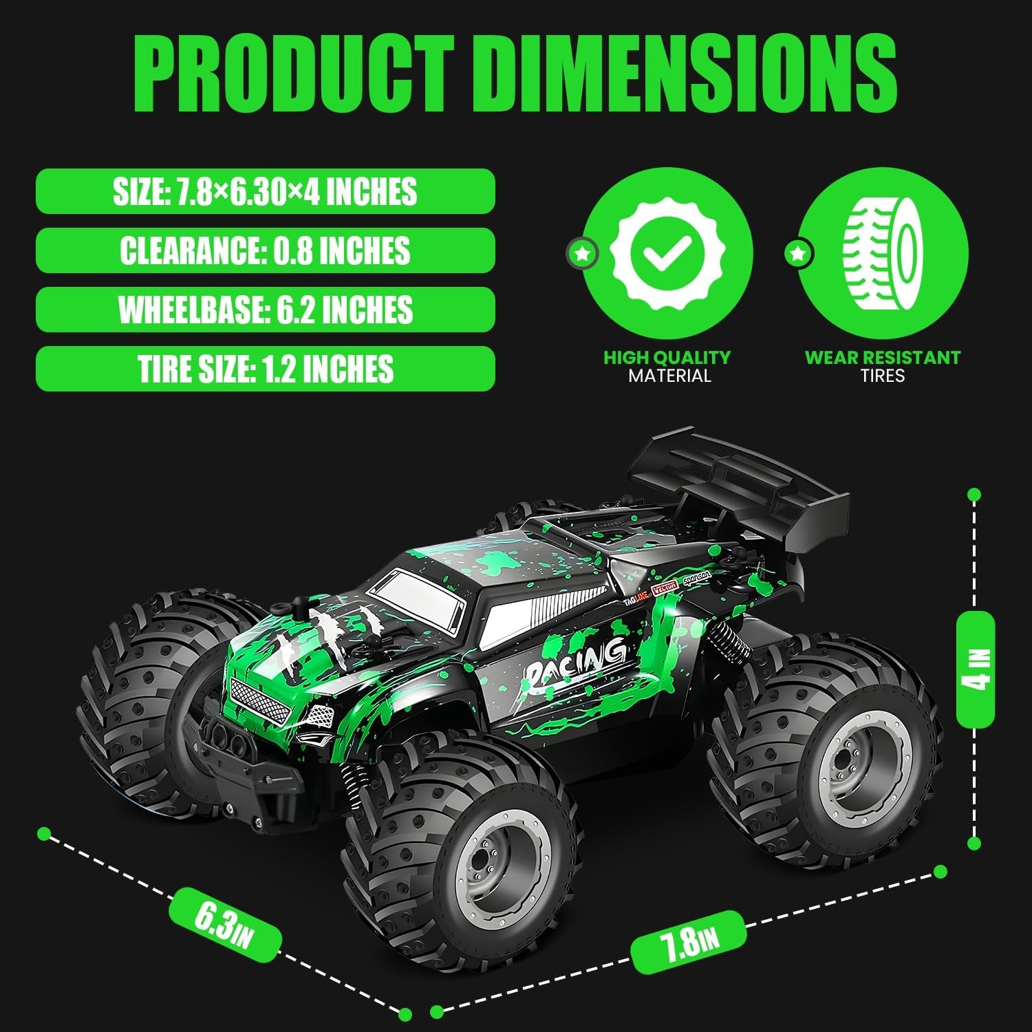 Remote Control Car, 2.4Ghz High Speed 18KM/H Monster Truck Toys, 4WD RC Car with 2 Rechargeable Batteries, 200Ft Range, 1:20 Scale All Terrain RC Cars, Toys Gifts for Kids and Adults - LED Headlights