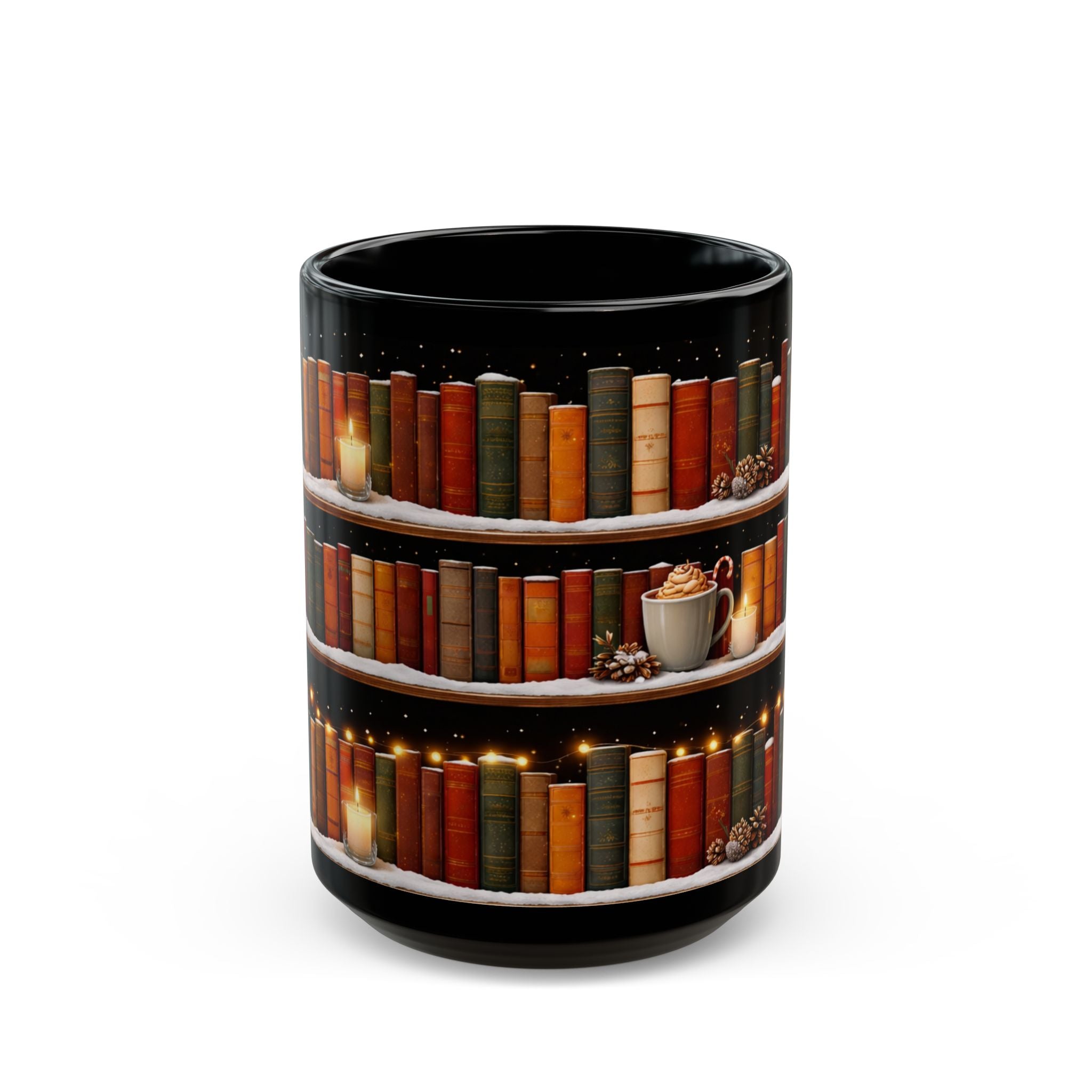 Winter Bookshelf Mug, Book Lover Coffee Mug, Snowy Reading Mug, Cozy Christmas Hot Cocoa Cup, 11oz or 15oz